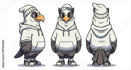 Cartoon Eagle Character in Hoodie and Beanie from Multiple Angles, Cute Bird Mascot Vector Design