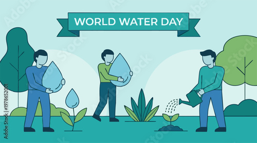 World Water Day: People conserving water and nurturing plants