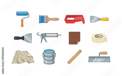 Painting and finishing tools with paint roller, paint brush, paint tray, scraper tool, putty knife, caulking gun, sanding paper,