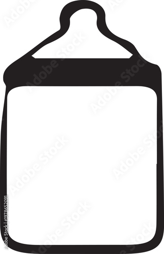 Black and white outline of a baby bottle with a nipple and body feeding infant