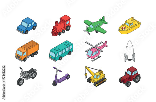 Toy car, toy train, toy airplane, toy boat, toy truck, toy bus, toy helicopter, toy rocket, toy motorcycle, toy scooter, toy crane