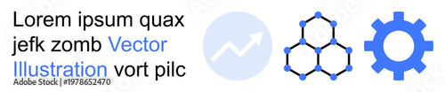 Business strategy, data analysis, technology innovation, network connection, operational workflow, process improvement. Arrow on graph, molecule network gear. Business strategy and data analysis