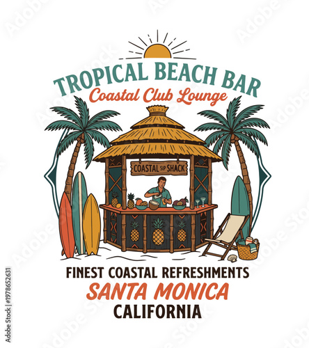 Vibrant tropical beach bar illustration with palm trees surfboards sun lounge chair and a bartender serving drinks in Santa Monica California vintage retro t shirt design