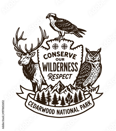 Vintage emblem featuring a majestic deer a soaring bird of prey and a wise owl representing conservation  within Cedarwood National Park vintage retro t shirt design
