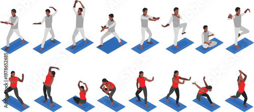 Healthy lifestyle yoga poses with lotus flower background elements vector