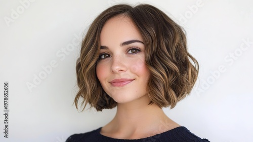 Stylish natural lob hairstyle showcase indoor setting portrait photography bright background close-up hair care concept