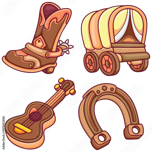 Old west town icons with wagon chair and whiskey bottles vector