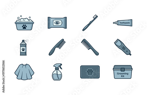 Pet hygiene care with paw wash, eye wipe, tooth brush, toothpaste tube, grooming spray, flea comb, detangling comb, coat trimmer,