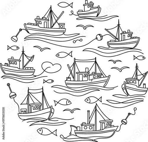 Fishing Boat Line Art Illustration Set with Sea Waves, Fish, Seagulls, and Marine Elements for Nautical Ocean Design Collection