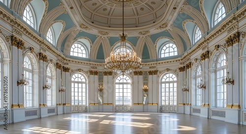 Large ornate ballroom with white and gold decorations and blue ceiling