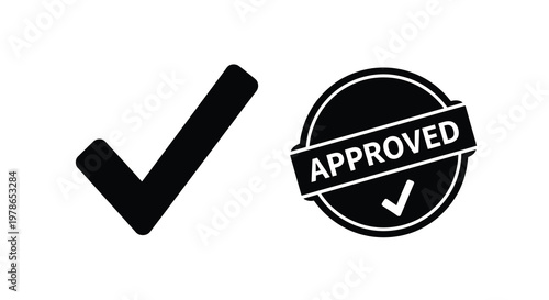 Black checkmark and approved stamp graphic on a white background