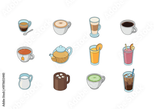 Variety of beverages including coffee, tea, juice, and smoothies