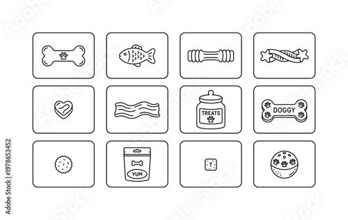 A pet reward arrangement with a dog biscuit, cat treat, chew stick, dental chew, soft snack, jerky strip, treat jar, bone-shaped