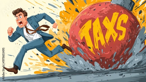 Man in business suit running from a bomb labeled TAX