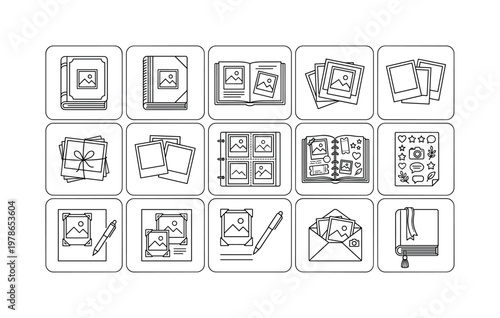 A home photo collection setup featuring a hardcover photo album, softcover album, open album, stack of printed photos, Polaroid