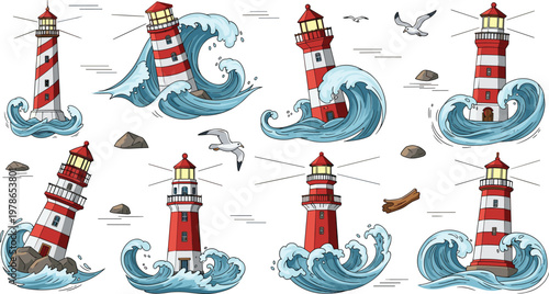 Lighthouse Illustration Set with Stormy Ocean Waves, Seagulls, Coastal Rocks, and Nautical Beacon Scenes for Maritime Navigation Design