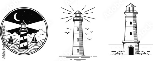 Lighthouse Line Art Illustration Set with Night Scene Badge, Coastal Beacon Towers, Seagulls, and Nautical Elements for Marine Design Collection