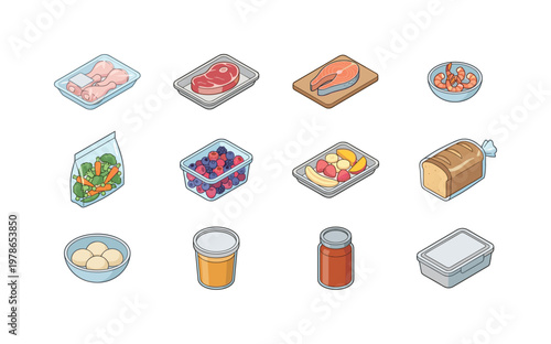 Variety of fresh and packaged food items displayed in a neat arrangement