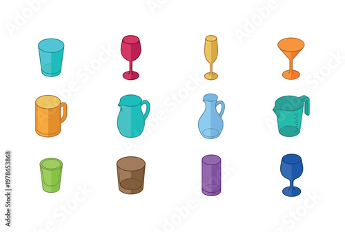 Collection of colorful isometric drinkware and kitchen vessels