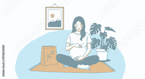 Minimalist pregnancy illustration in soft pastel blue and beige, expecting mother sitting on yoga mat at home. Modern flat vector maternity art for prenatal wellness, blog