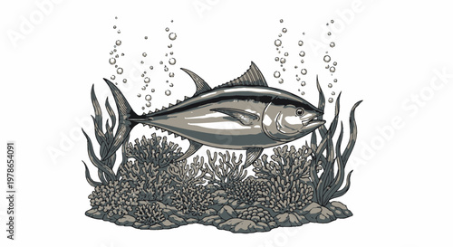 Vintage underwater illustration vector, swordfish and coral reef scene in black and white line art, marine wildlife drawing for ocean logo, tattoo design, nautical print