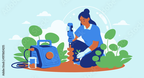 Modern flat vector woman gardening with tools and watering can, blue and green outdoor planting illustration. Female gardener tending seedlings, landscape hobby scene for web and app