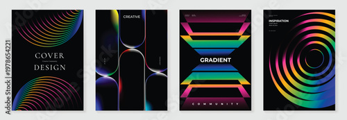 Abstract gradient poster background vector set. Minimalist style cover template with vibrant perspective 3d geometric prism shapes collection. Ideal design for social media, cover, banner, flyer.
