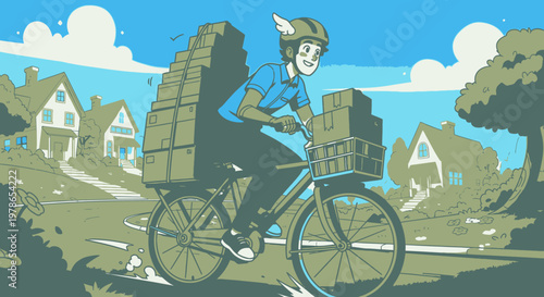 Vintage comic style bicycle messenger vector illustration, retro city street cyclist riding bike with parcel bag, blue green flat cartoon poster art for delivery ads