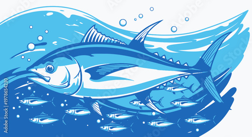 Retro marlin fish vector logo in blue, stylized swordfish illustration with dynamic ocean wave splash and bubbles. Sport fishing emblem icon for nautical branding, labels, tees