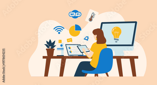Modern flat vector illustration of remote work at home office, woman using laptop at desk with charts and Wi‑Fi icon. Minimal business workspace scene for web, app, banner design