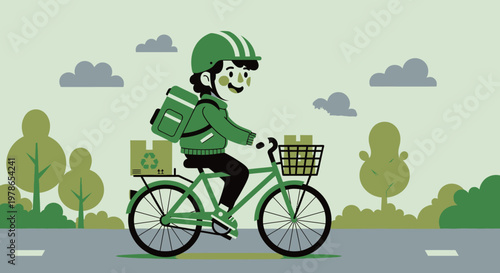 Flat vector courier on bicycle with delivery box and front basket, green urban delivery rider illustration, eco shipping and last mile transport icon for app, web banner, print