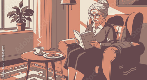 Vintage cozy living room vector illustration, elderly woman reading book on armchair in warm brown interior with coffee and rug. Retro flat design artwork for home decor ads