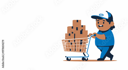 Isometric delivery worker pushing shopping cart with cardboard boxes, blue uniform courier character vector illustration. Logistics, shipping, warehouse fulfillment, e-commerce order transport