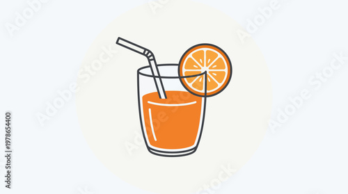 Fresh orange juice in a glass with a slice of orange and straw, icon representing a healthy drink