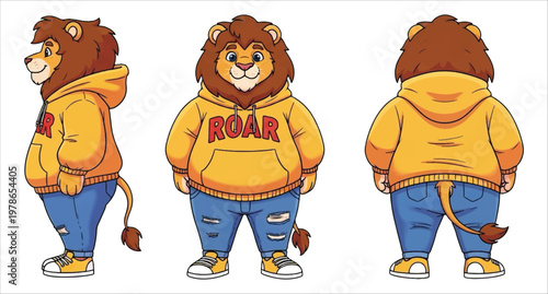 Adorable cartoon lion character wearing a hoodie and ripped jeans from multiple angles, perfect for children's illustrations and branding vector design