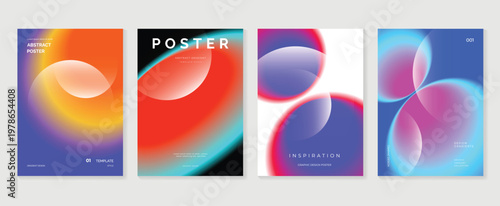 Abstract gradient poster background vector set. Minimalist style cover template with vibrant perspective 3d geometric prism shapes collection. Ideal design for social media, cover, banner, flyer.