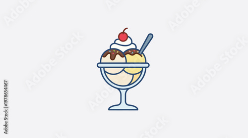 A delicious ice cream sundae with scoops of vanilla and chocolate, topped with whipped cream, chocolate syrup, and a cherry on top, in a stemmed glass dish, perfect for a sweet treat