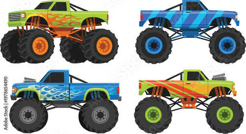 Monster Truck Illustration Set with Off Road Vehicles, Big Tires, Flame Graphics, and Colorful Extreme Racing Designs for Automotive CollectionMonster Truck Illustration Set with Off Road Vehicles, Bi