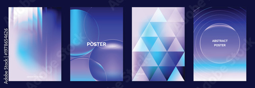 Abstract gradient poster background vector set. Minimalist style cover template with vibrant perspective 3d geometric prism shapes collection. Ideal design for social media, cover, banner, flyer.
