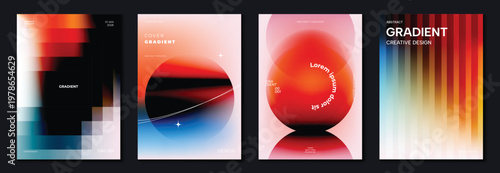 Abstract gradient poster background vector set. Minimalist style cover template with vibrant perspective 3d geometric prism shapes collection. Ideal design for social media, cover, banner, flyer.