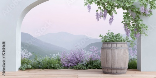 a wooden barrel with vineyards and flowers in the background, a wooden floor, and an archway.