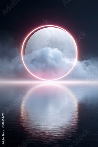 a round, glowing red frame and fog hover over the sea water