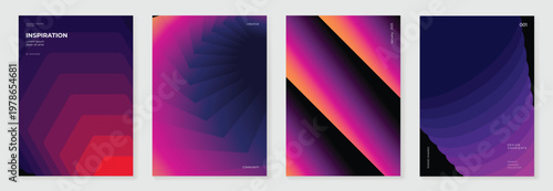 Abstract gradient poster background vector set. Minimalist style cover template with vibrant perspective 3d geometric prism shapes collection. Ideal design for social media, cover, banner, flyer.