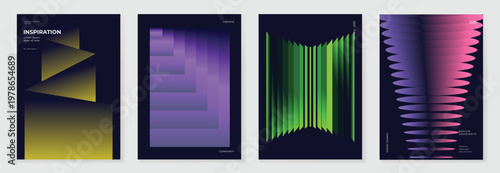 Abstract gradient poster background vector set. Minimalist style cover template with vibrant perspective 3d geometric prism shapes collection. Ideal design for social media, cover, banner, flyer.