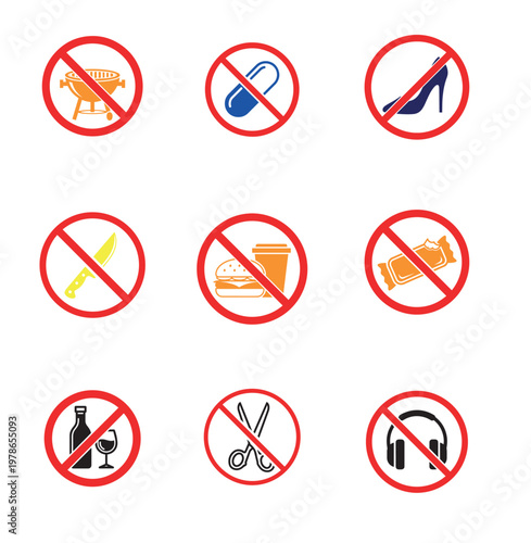 Prohibition signs set for food and objects, no bbq, no drugs, no high heels, no weapons, no eating, and no headphones warning symbols