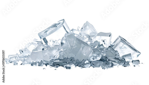 Transparent pile of various sized ice cubes, illuminated with subtle light
