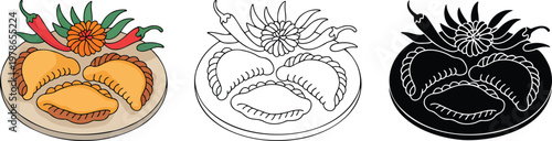 Empanadas silhouette & Outline and illustration set isolated on transparent background