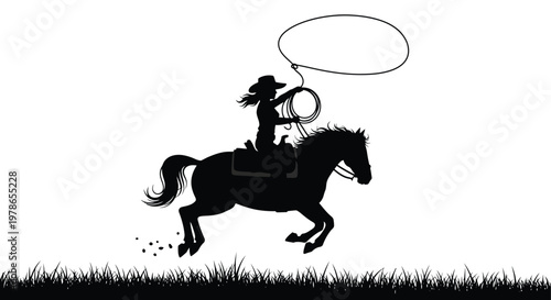 Silhouette of a cowgirl riding a horse with a lasso and speech bubble