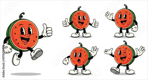 A charming concept collection of retro cartoon watermelon characters, showcasing various cheerful poses with a delightful vintage animated fruit vector design illustration