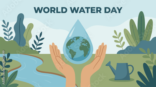 World Water Day illustration: Hands holding Earth in a water drop with nature